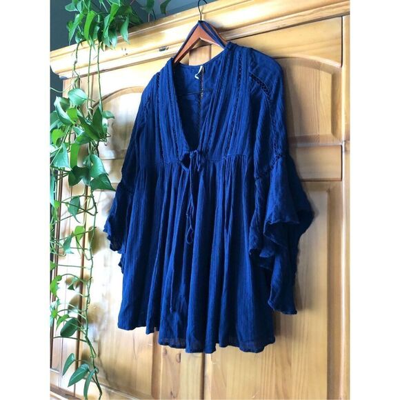 Free People Women Romeo Navy Blue Ladder Trim Boho Mini Dress SP - Picture 3 of 14